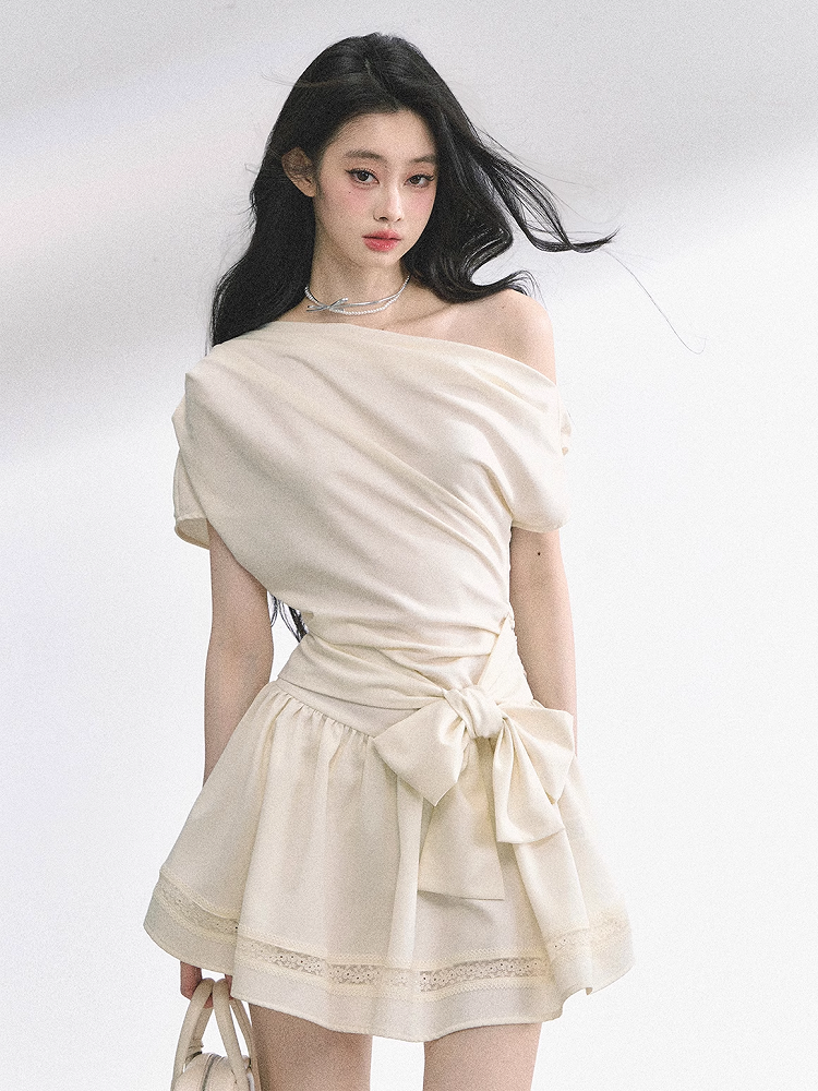 Apricot Asymmetrical Neckline Dress Self-tie Big Bow at Waist