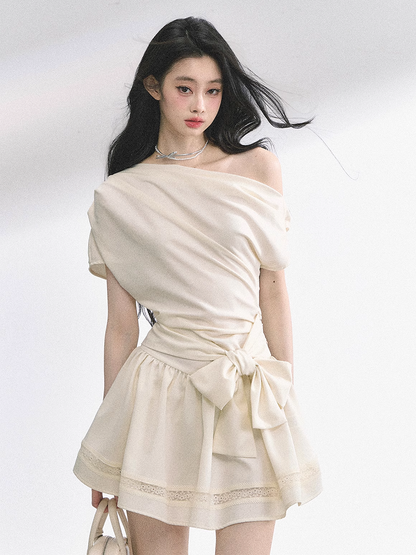 Apricot Asymmetrical Neckline Dress Self-tie Big Bow at Waist