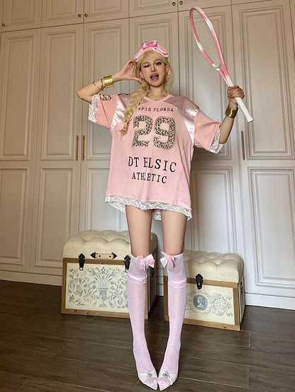 Pink V-Neck T-shirt with Leopard Embroidery & Lace Trim