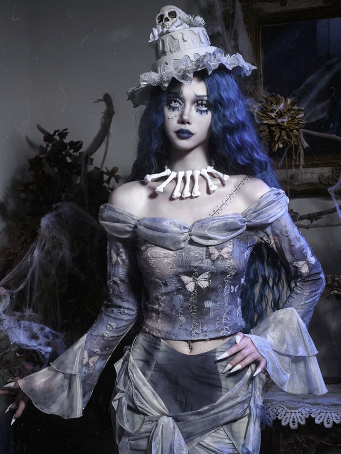 Off-the-shoulder Neckline Butterfly Print Dusty Blue Long Sleeves Top Corpse Bride Vibes