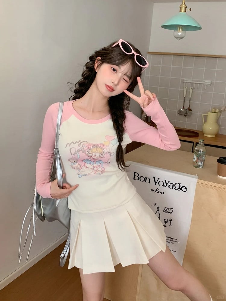 Cartoon Girl Print Apricot and Pink Colorblock Design Slim-fitting Top