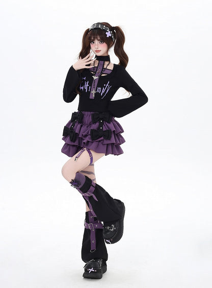 Black/Purple Bell Sleeves Cross Design Gothic Top and Choker All-in-one