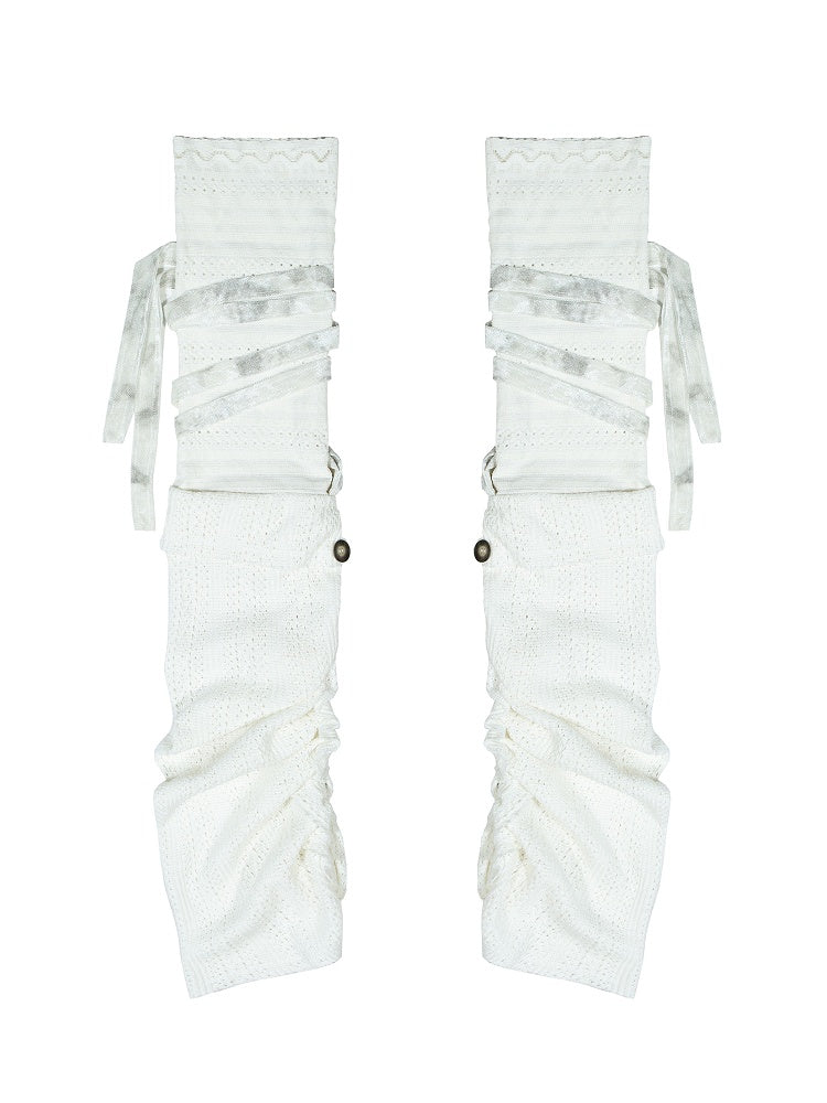 Y2K Beige Knit Leg Warmers with Self-tie Straps & Side Button