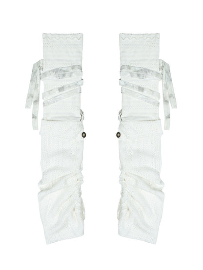 Y2K Beige Knit Leg Warmers with Self-tie Straps & Side Button