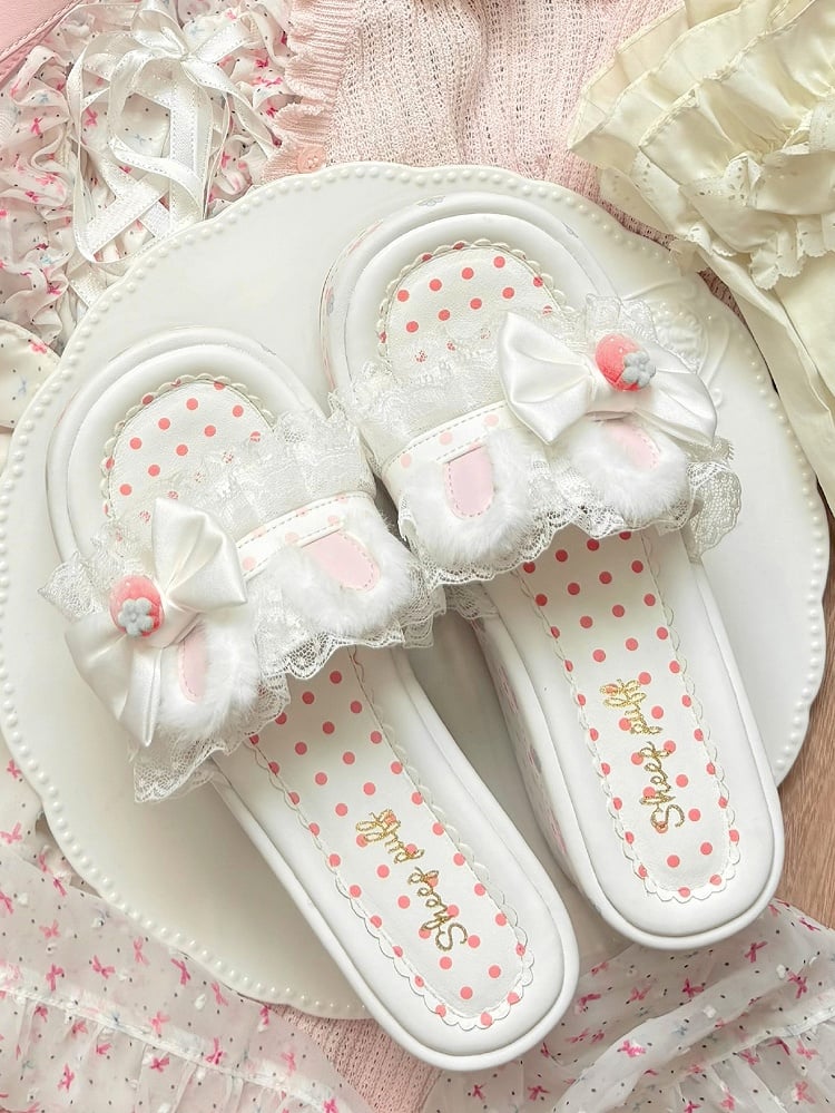 White Sweet Lolita Bow Accents Lace Trim Plush Bunny Ear Platform Slippers