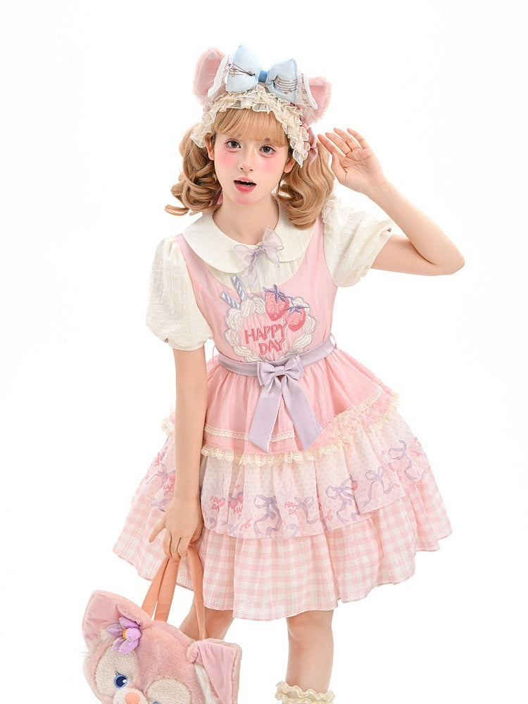 Pink Peter Pan Collar Strawberry Cake Embroidery Tiered Skirt Sweet Lolita Dress