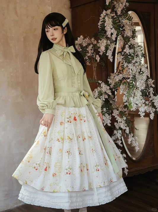 Green Long Sleeves Lolita Blouse with Lace-Up Back and Ruffled Details