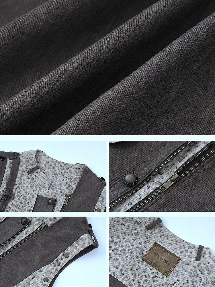 Brown and Gray Punk Streetwear Leopard Jacket with Detachable Sleeves