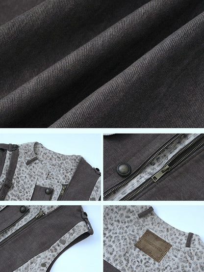 Brown and Gray Punk Streetwear Leopard Jacket with Detachable Sleeves