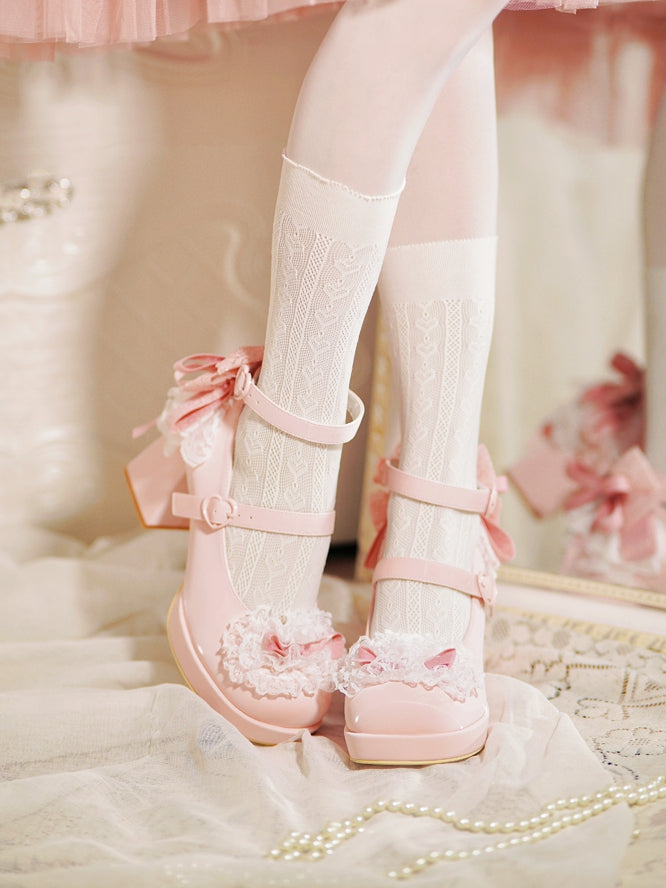Pink Knotted Bow at Top Lace Trim Heart Buckles High Block Heels