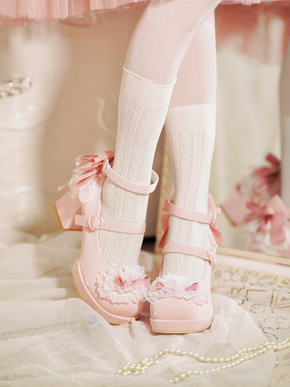 Pink Knotted Bow at Top Lace Trim Heart Buckles High Block Heels