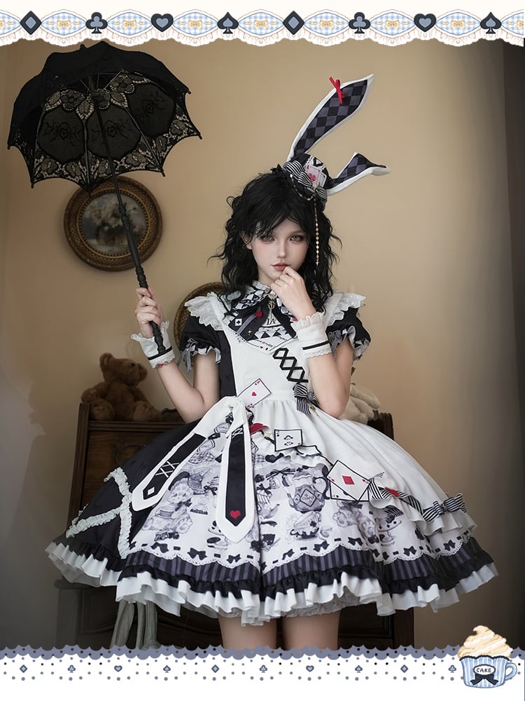 Alice in Wonderland Vibes Black and White Bunny and Teapot Print Apron Dress Sweet Lolita OP / Full Set