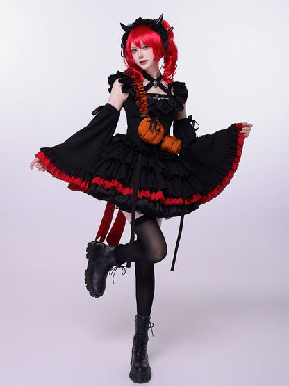 Fan Art Fashion Miss Devil Black Dress with Pumpkins Crossbody Full Set