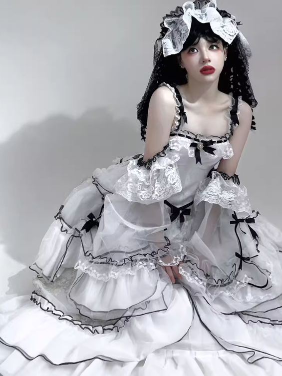 Plus Sizes White & Black Ruffled Layers Sweet Lolita Dress with Bow Accents Long Version