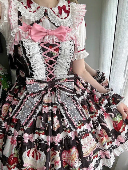 Bows and Strawberry Dessert Print Black Sweet Lolita Jumper Skirt