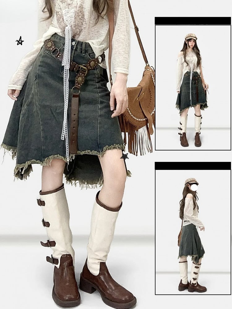 Blue Asymmetrical Hem Raw Hem Skirt