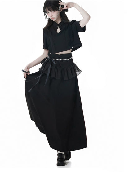 Black Cheongsam Style Long Skirt with Flounce Hem Corset Belt Set Free Beaded Waist Chain