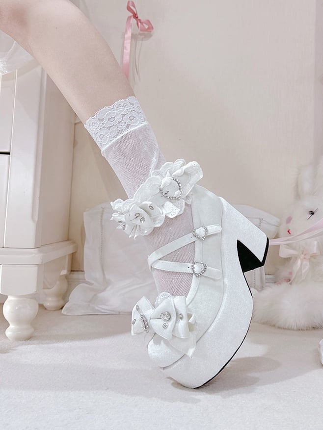 White Bittersweet Rhinestone Heart Details Cross Charm Ruffles Trim Platform Sneakers