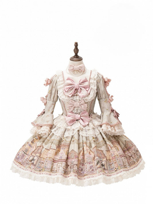 Fairytale Town Theme Green Square Neckline Sweet Lolita Dress with Bow Accents