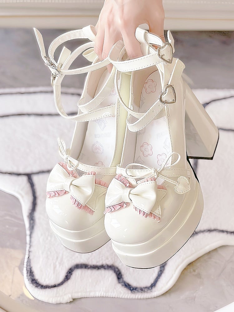 White Lace Trim Bow at Top Heart Buckles Crisscross Design Platform High Block Heels
