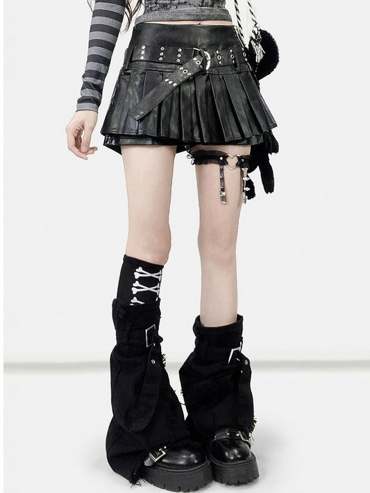 Black Cross Applique Raw Hem Buckle Decorated Leg Warmers