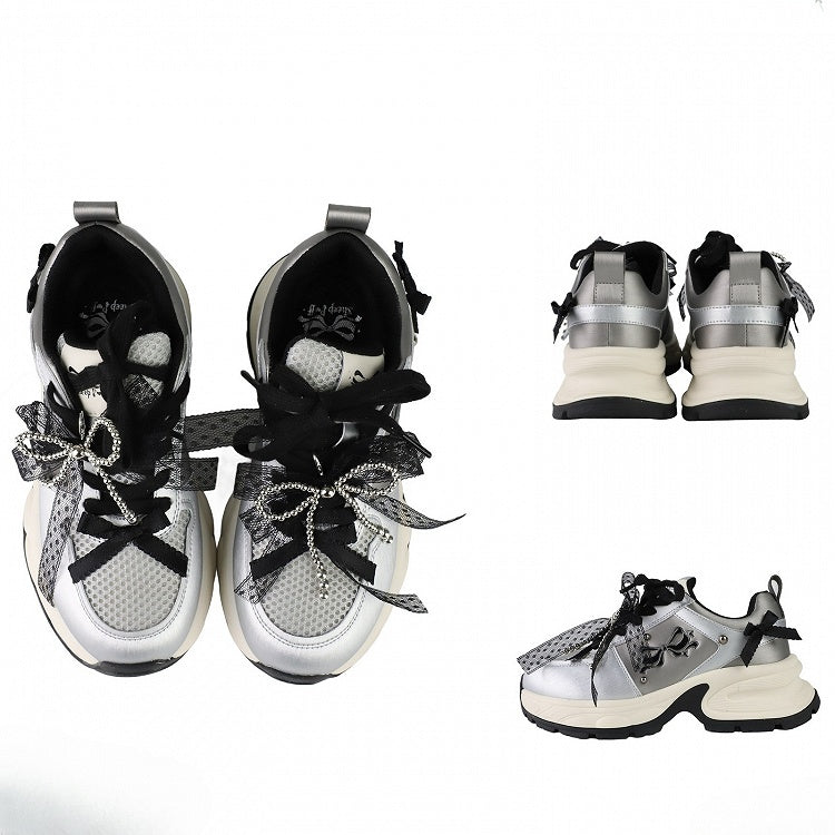 Black Beaded Decorated Bowknot Details Front Lace-up Ties Sneakers