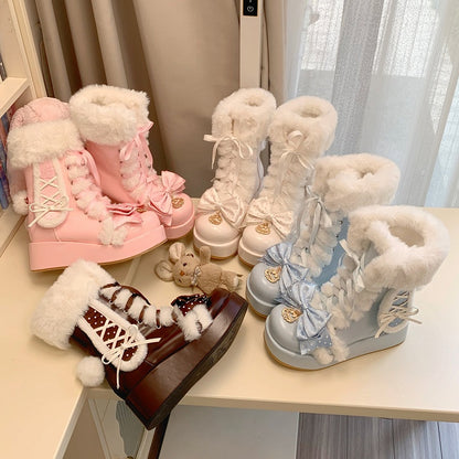 Bunny-Themed Sweet Blue Winter Boots for Lolita with Bow at Top & Lace-up Closure