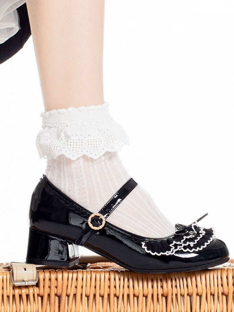 Black Beaded Round Buckle Bowknot Decorated Multiple Layers Lace Mary Janes