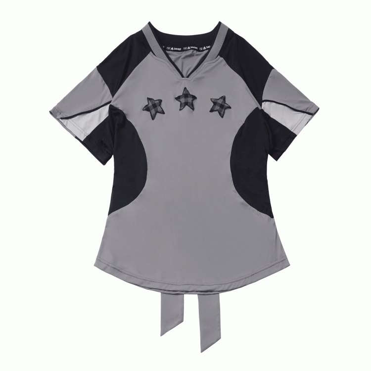 Black/Gray Colorblock Design Plaid Star Appliques V-neck Sports T-shirt