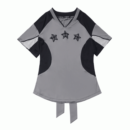 Black/Gray Colorblock Design Plaid Star Appliques V-neck Sports T-shirt