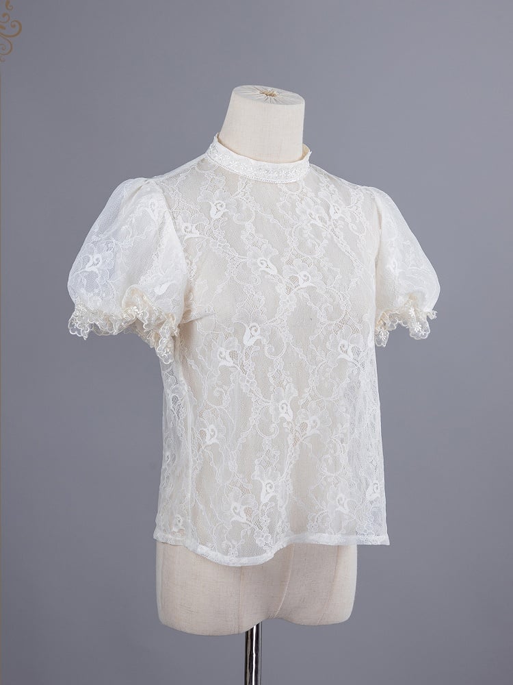 Beige and Purple Lace Blouse with Detachable Sleeves