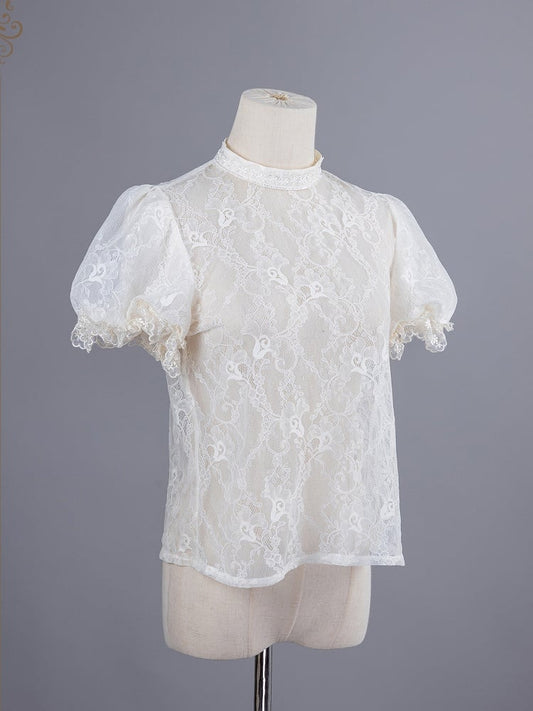 Beige and Dark Blue Lace Blouse with Detachable Sleeves
