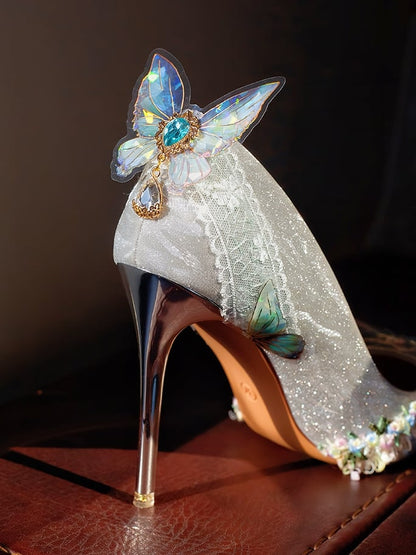 Silver Rhinestone Decorated Butterfly Details Pointed Toe 7.5CM/10.5CM High Heels