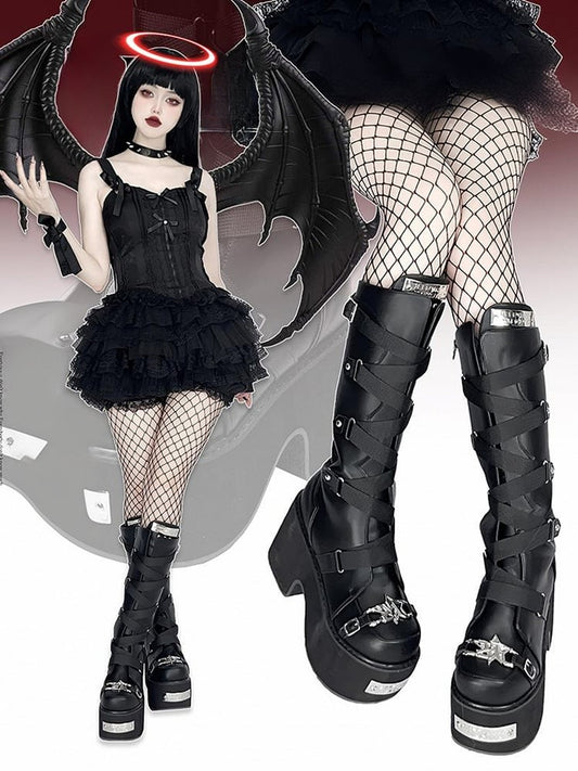 Black Crisscross Design Buckle Strap Platform Block Heel Boots