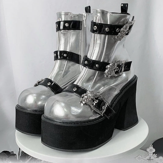 Dragon-shaped Buckle Straps Silver and Black Punk Boots High Block Heel
