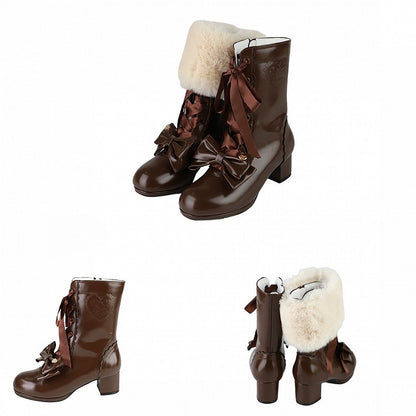 Brown Mid-calf Boots for Lolita - Mid-heel with Removable Bow & Interchangeable Plush Cuff