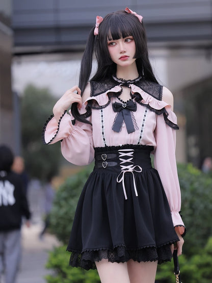 Jirai Kei Open Shoulders Long Sleeves Black and Pink Blouse