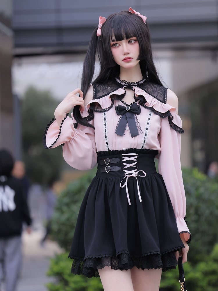 Jirai Kei High Waist Black Skirt Shirring Back Lace-up Front
