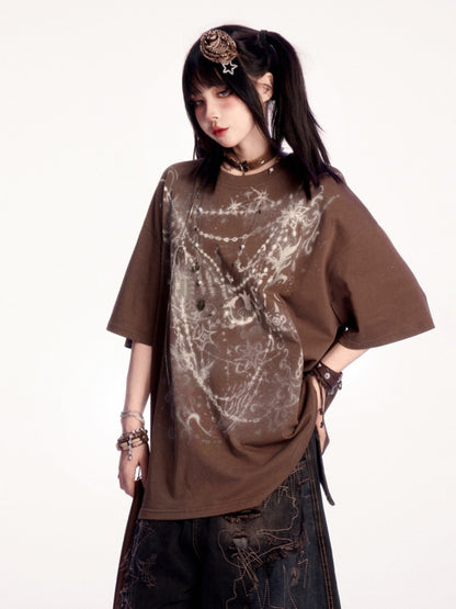 Wasteland Punk Brown Round Neck Graphic T-shirt