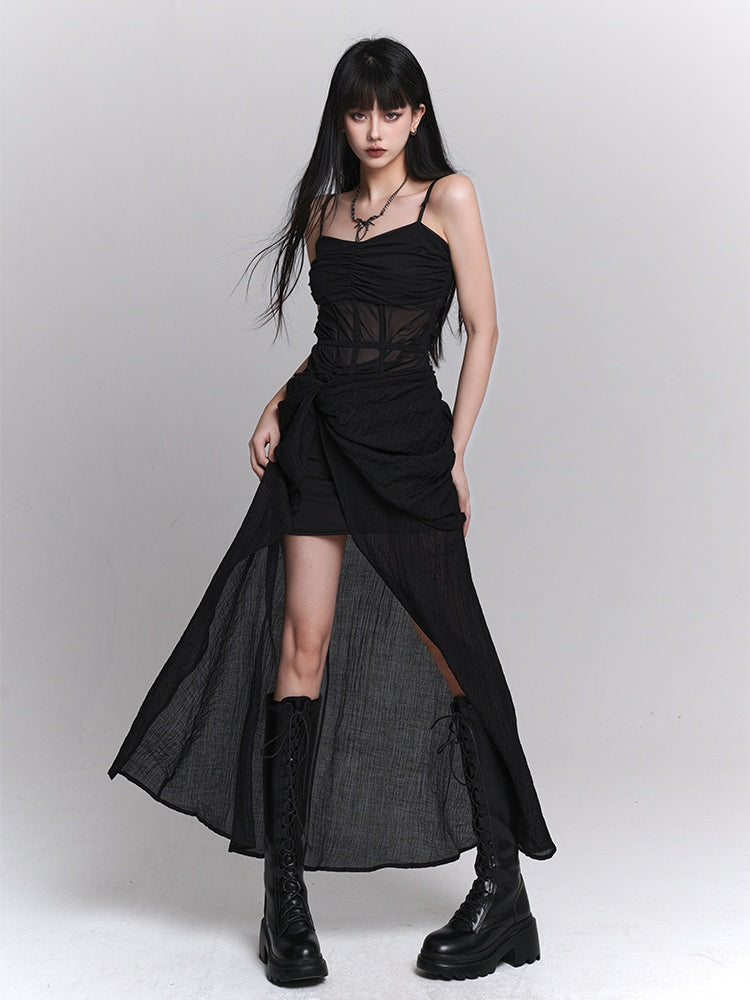 Gothic Black Twist Detail Slit Slip Dress