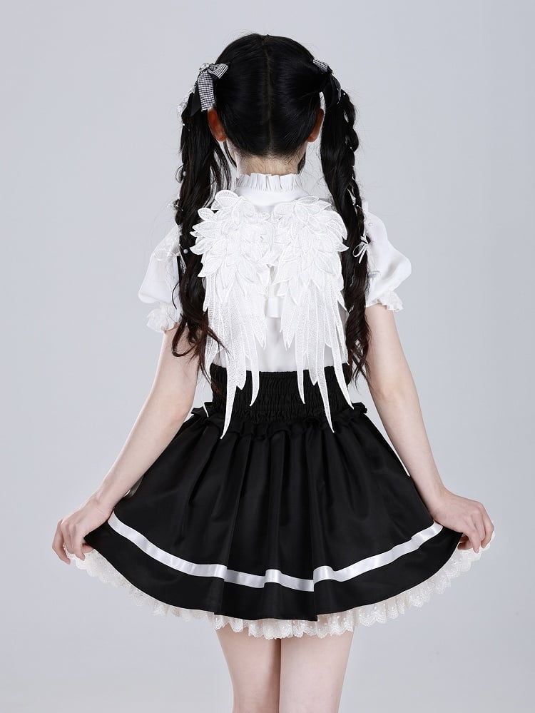 Lace Angel Wings at Back White Short Sleeves Blouse