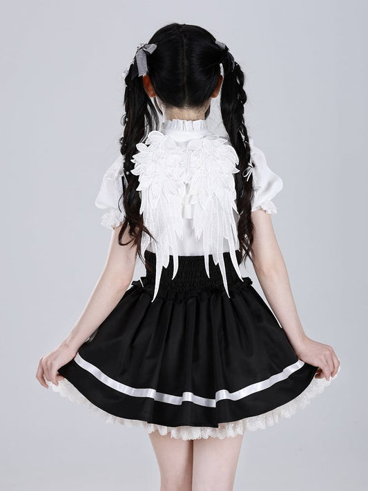 Lace Angel Wings at Back White Short Sleeves Blouse