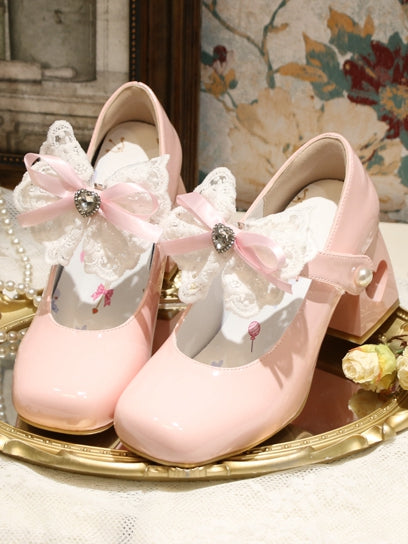 Heart-shaped Hollowed Heel Pink Elegant Mary Janes with Lace Bowknot Clips