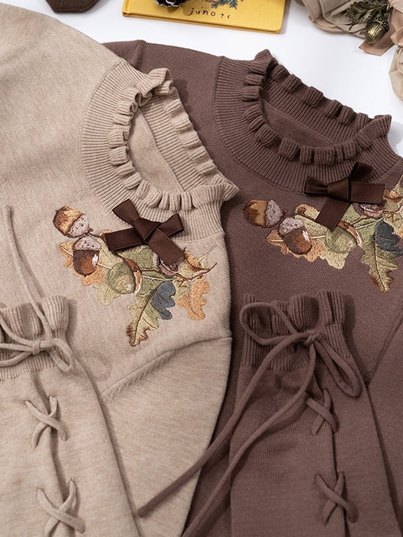 Pinecone Embroidery Neckline Lace-up Cuffs Brown Autumn Knit Top