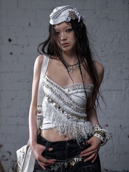 Baroque Bead Details Fringe Hem Black/White Crossover Design Strapless Top