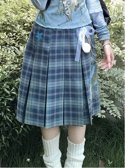Blue Box Pleat Vintage Printed Plaid Skirt
