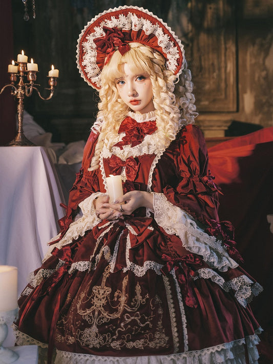 Candle and Candlestick Embroidery Red Bell Sleeves Velvet Dress Lolita OP / Set
