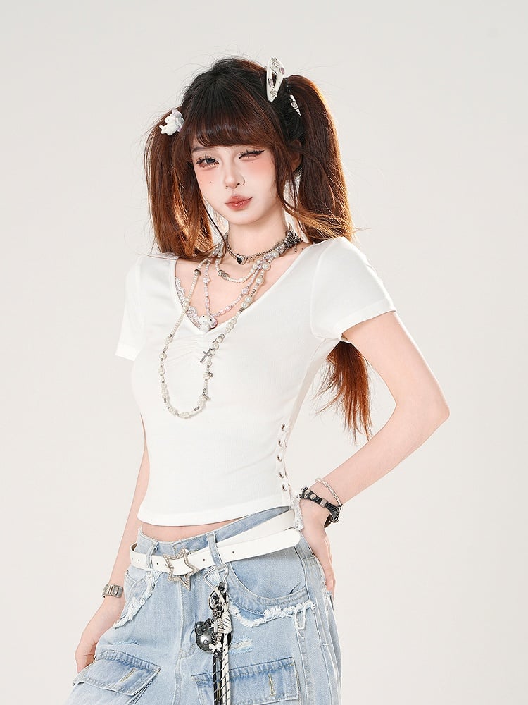 White/Black V-neck Lace Trim Lace-up Side Slim-fitting T-shirt