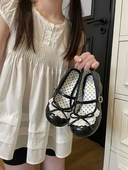 Black Knotted Bow Accent Lace Trim 2.2CM/4.3CM Heels Round Toe Mary Janes