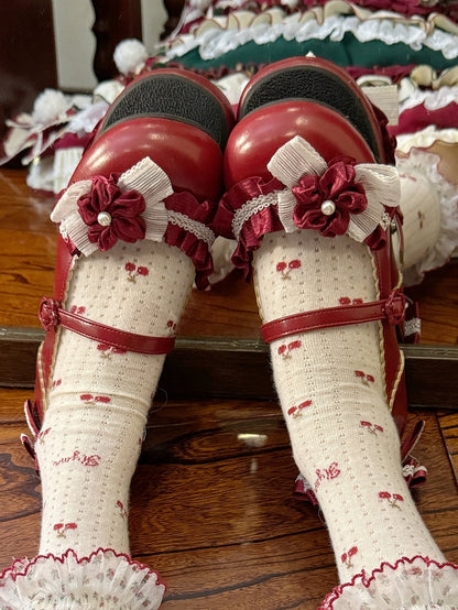 Low-heel Candy Red Mary Janes in PU - Sakura Details, Bow Decor & Flower Clasp